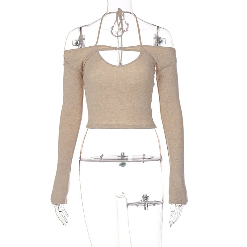 Y2k Two Piece Outfit Halter Neck Shirt Long Sleeve Knitted Top