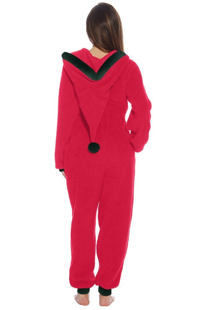 Womens Zipper Santa Onesie With Hood Red