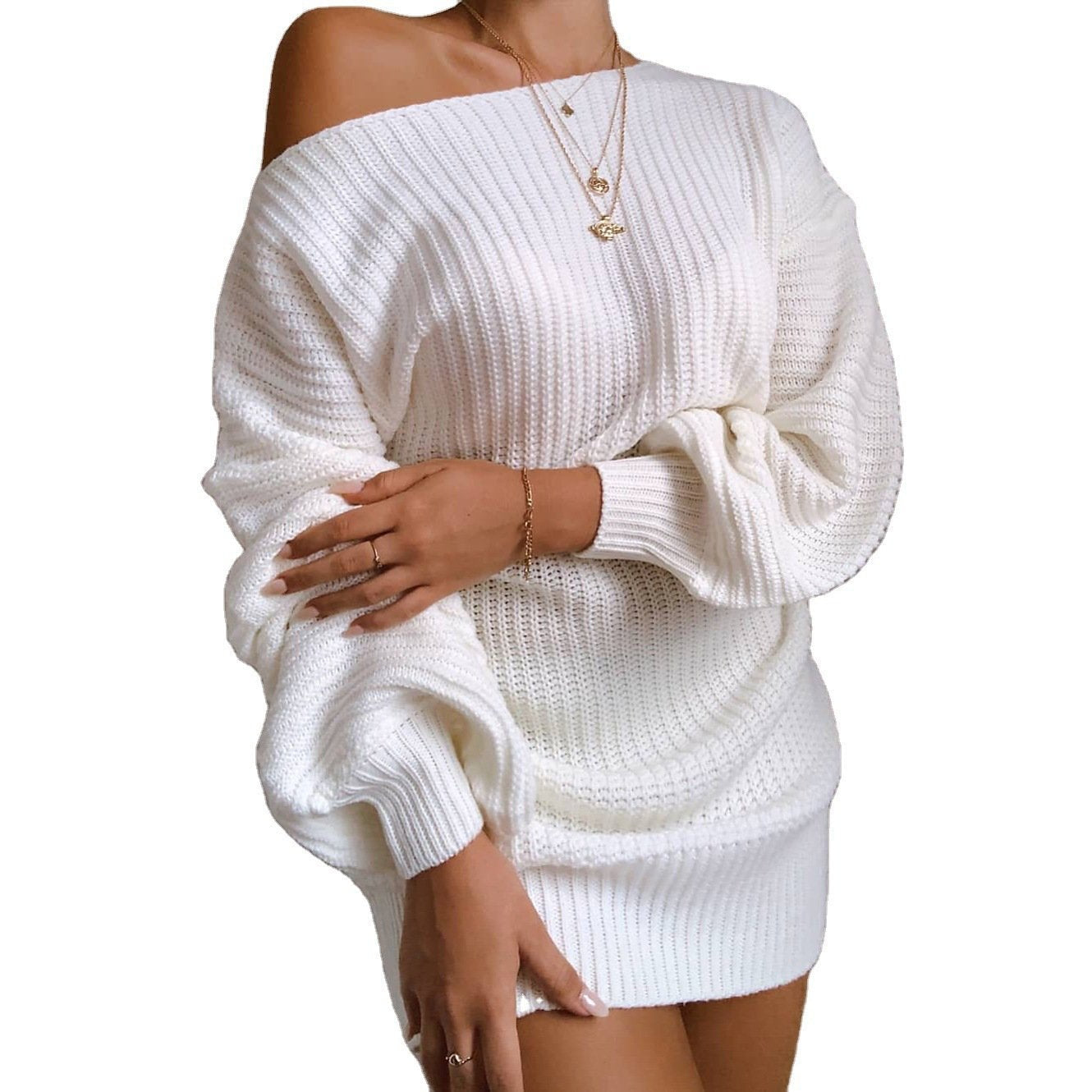 Y2k Fashion Sweater Dress Lantern Sleeve Off the Shoulder Oversized Sweater