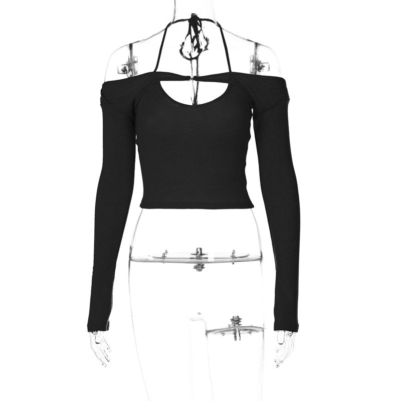 Y2k Two Piece Outfit Halter Neck Shirt Long Sleeve Knitted Top