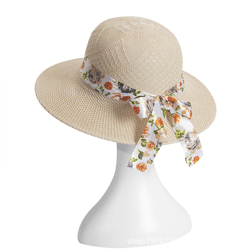 Women's Straw Hat Lace Flower Ribbon Large Brim UV Protection Sun Hat