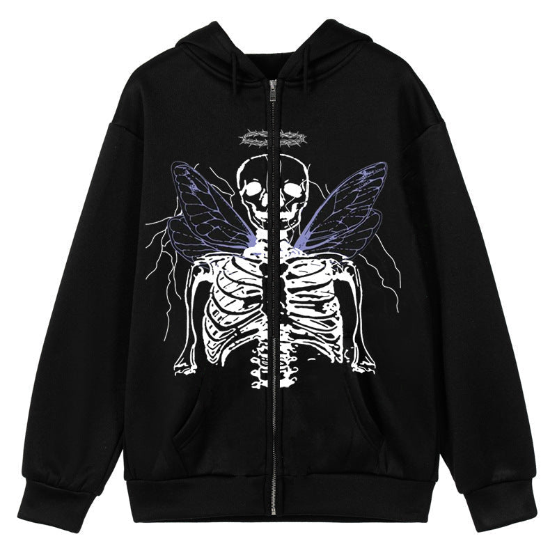 Women's Sweatshirts Y2K Zipper Skull Butterfly Print Fleece Plus Size Hoodies