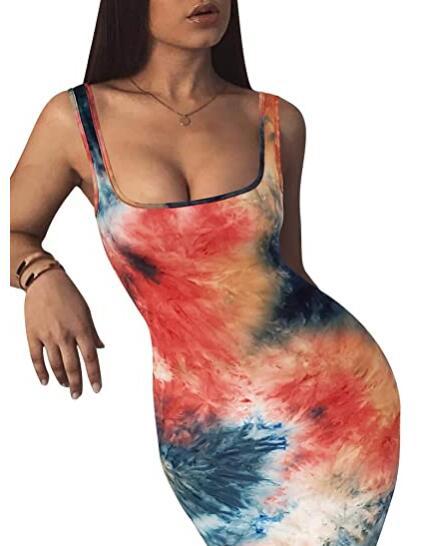 Women's Summer Dresses Round Neck Sleeveless Print Slim Midi Dress