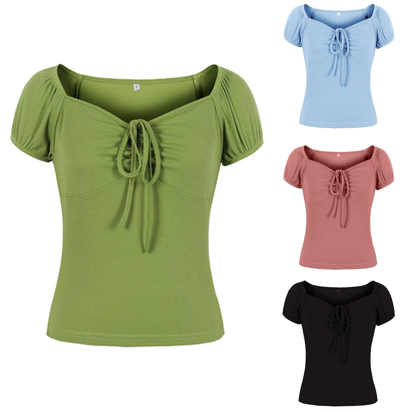 Women's T Shirts Solid Color Pleated Drawstring Front Bodycon Top