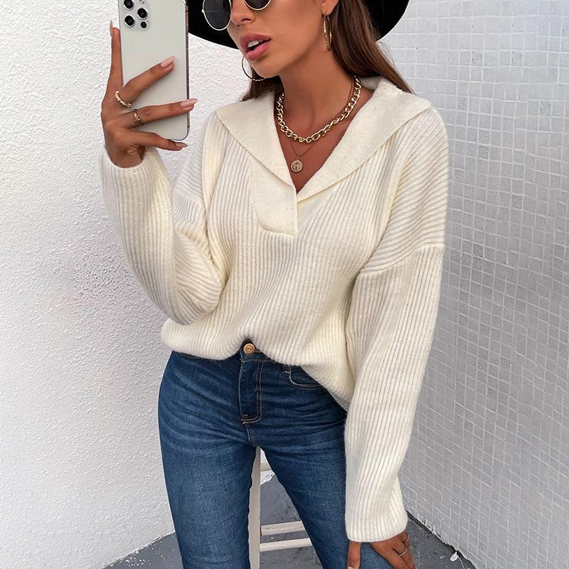 Women's Sweaters Suit Collar Long Sleeve Loose Pullover Knitted Sweater