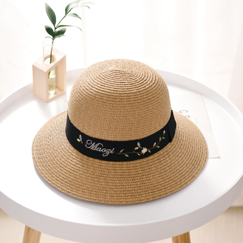 Women's Sun Hat Embroidered Pattern UV Protection Dome Straw Hat