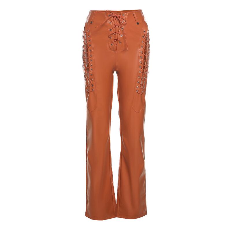 Womens Leather Pants Y2k Hollow Out Lace Up Drawstring Chic Trousers