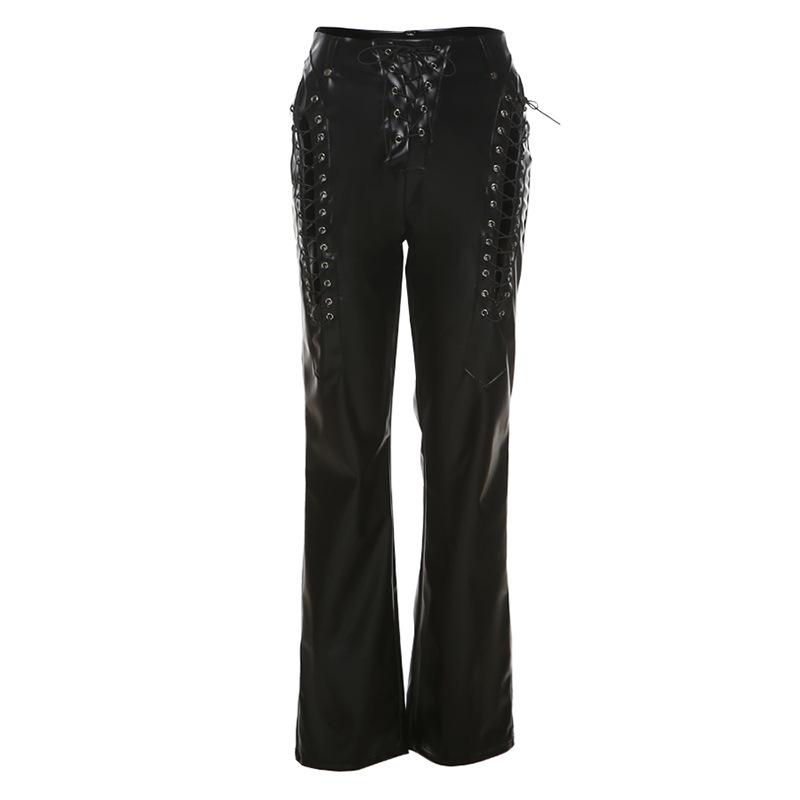 Womens Leather Pants Y2k Hollow Out Lace Up Drawstring Chic Trousers