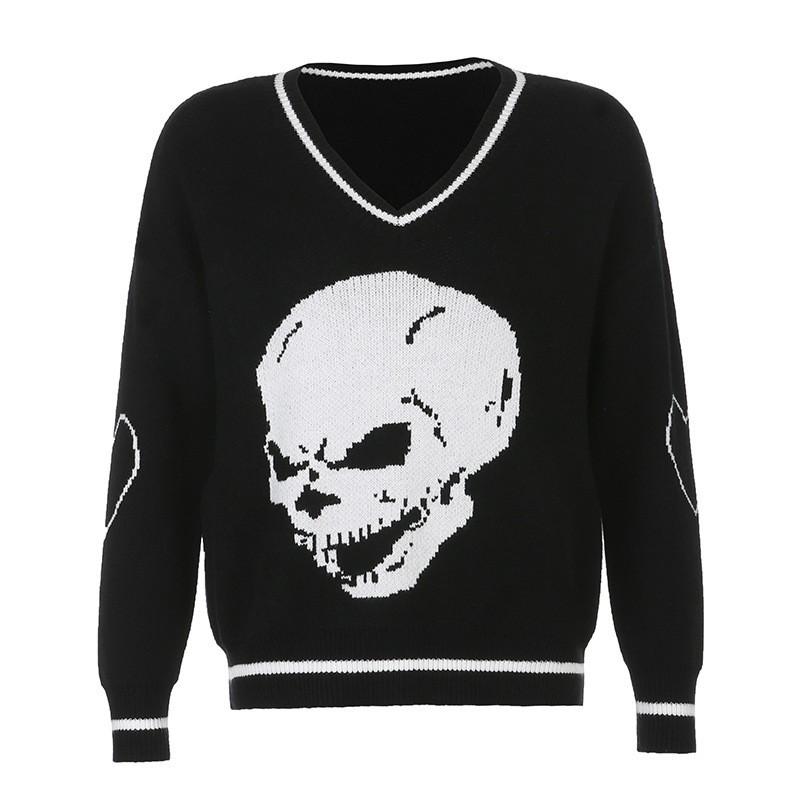 Women's Sweaters Skull Knit V Neck Casual Short Pullover Sweater