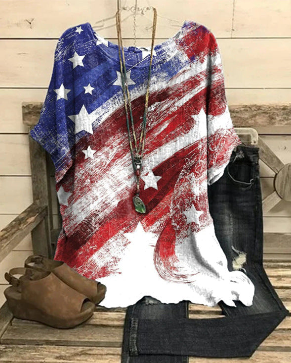 Women's T-Shirt American Flag Print Round Neck Short Sleeveless Gradient Top