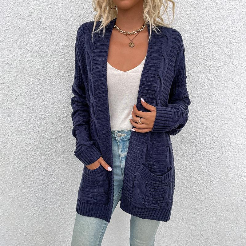 Women's Sweater Coats Knit Twisted Rope Pockets Mid-length Open Front Cardigans