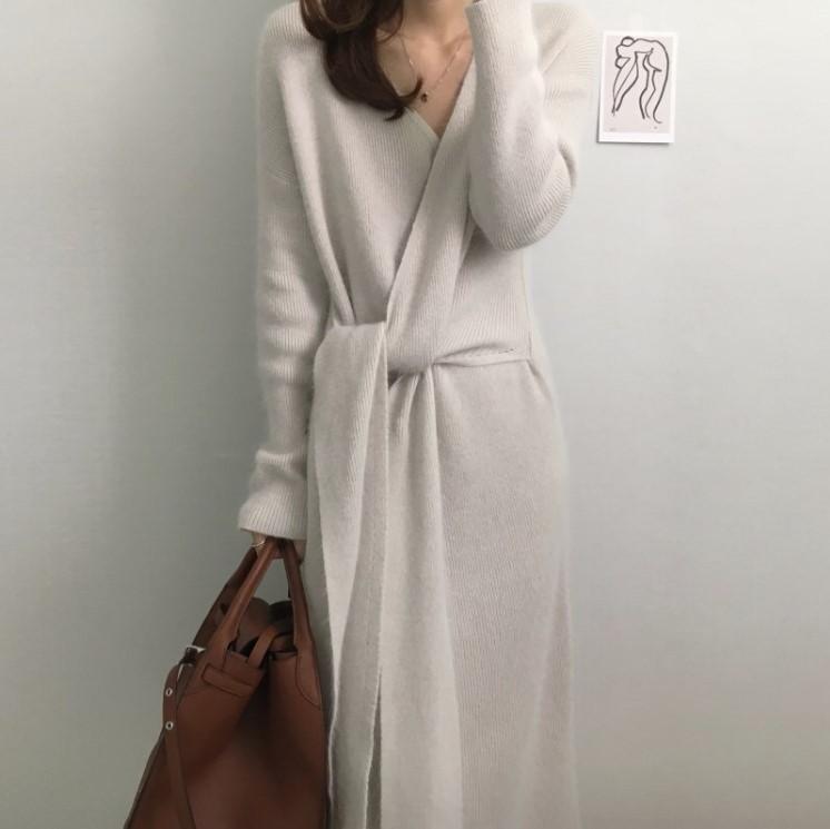 Women's Sweater Dress Wrap V-Neck Belted Cashmere Knitted Dress