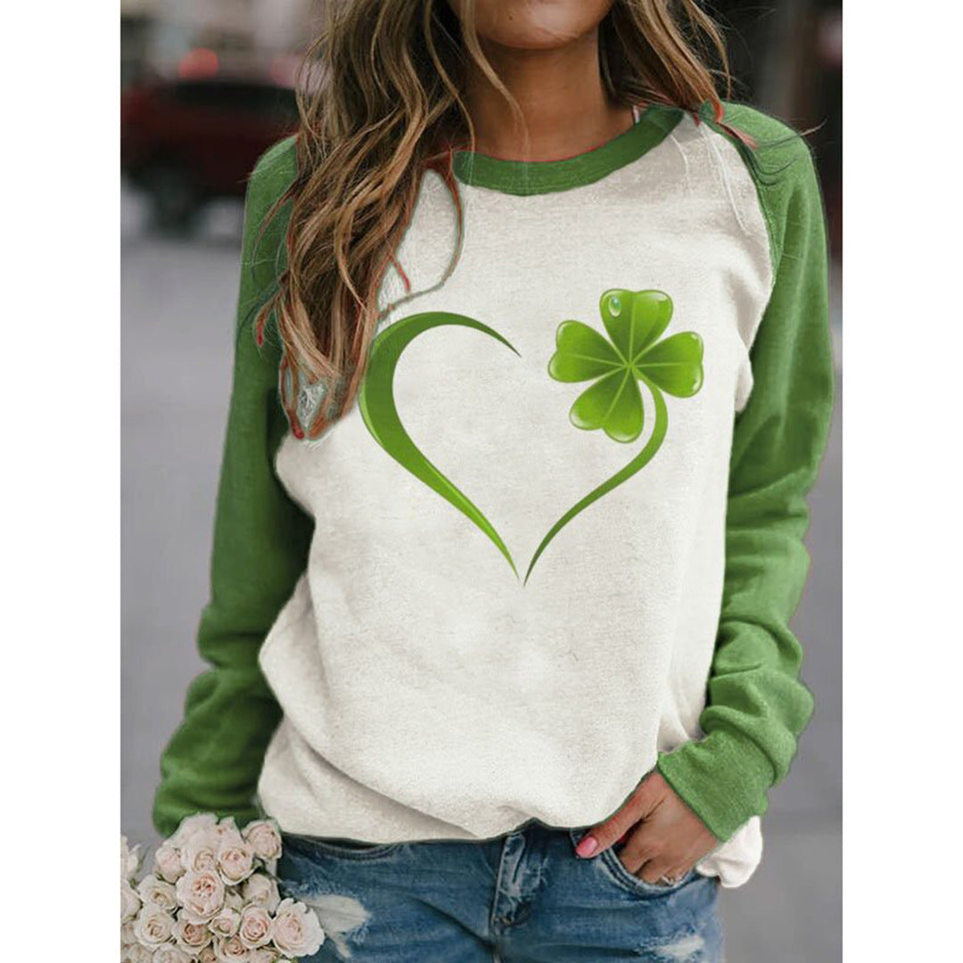 Women's Sweatshirts Love Four-leaf Clover Print Round Neck Pullover Tops