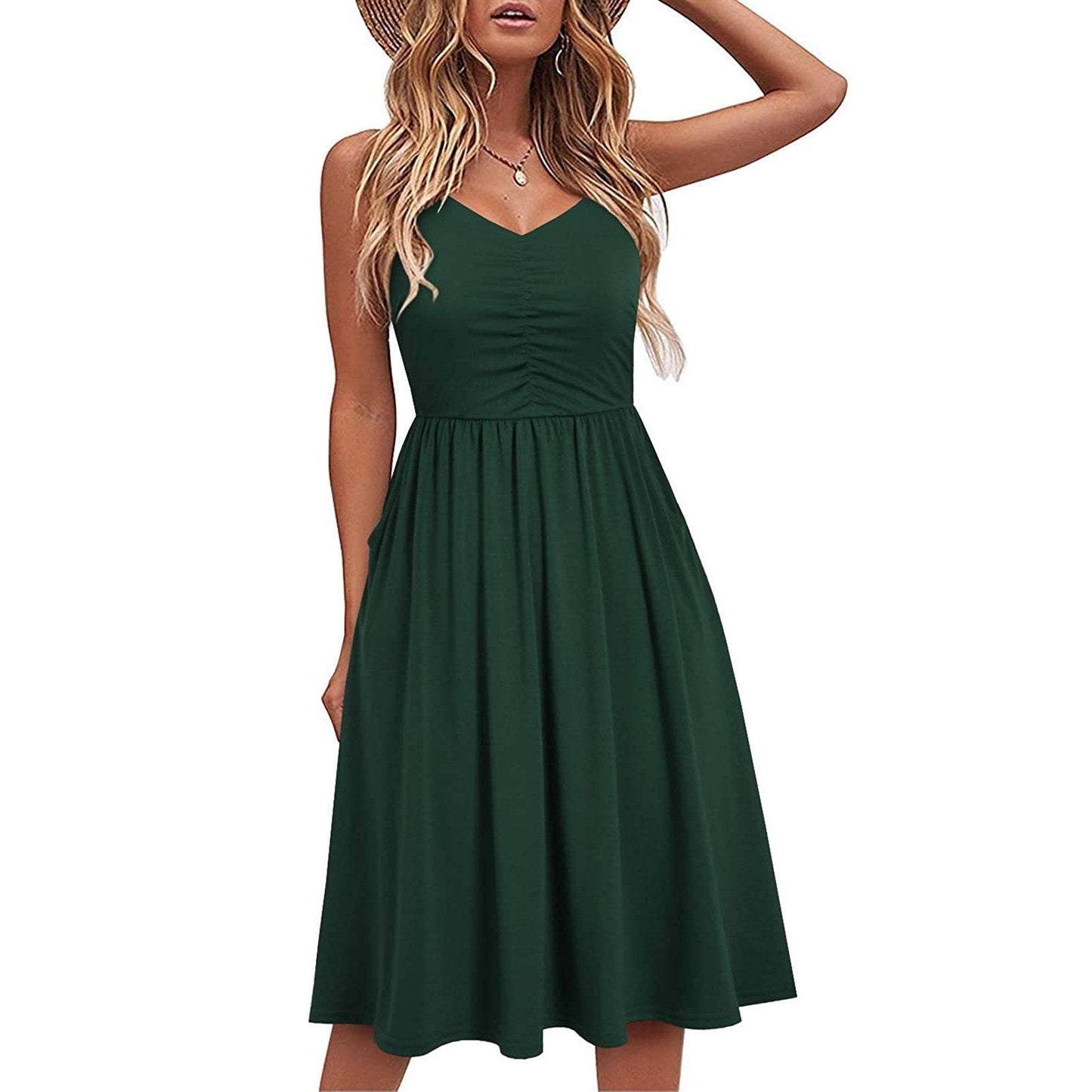 Women's Spaghetti Strap Dress Floral Pleated Tie Waist Backless Swing Dresses