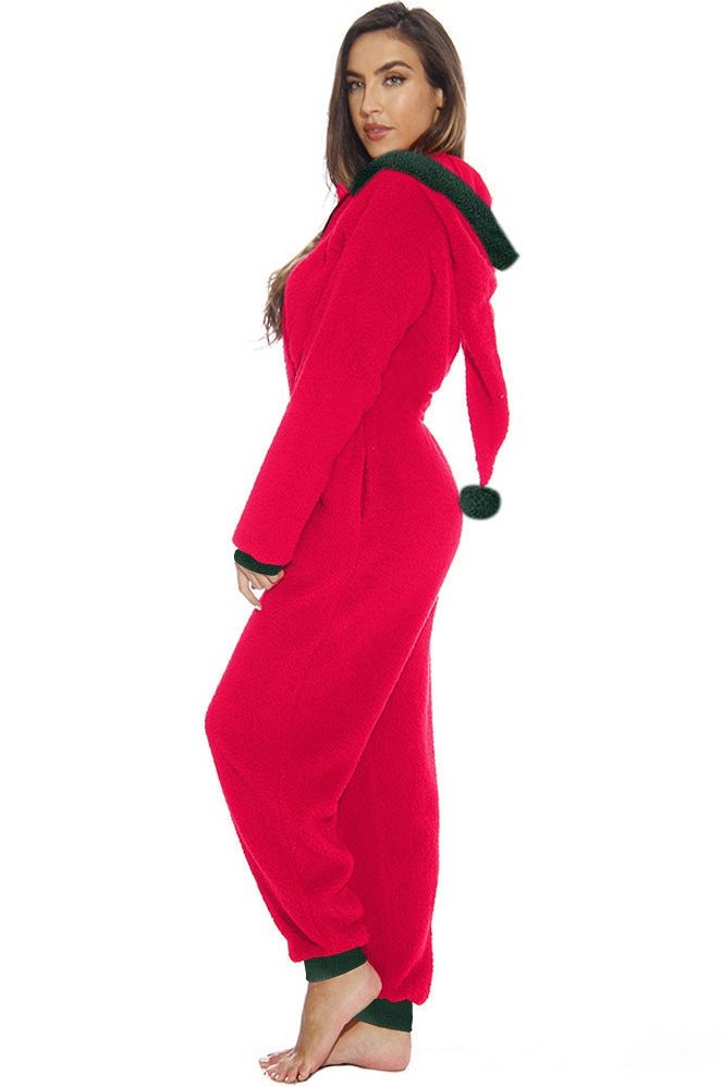 Womens Zipper Santa Onesie With Hood Red