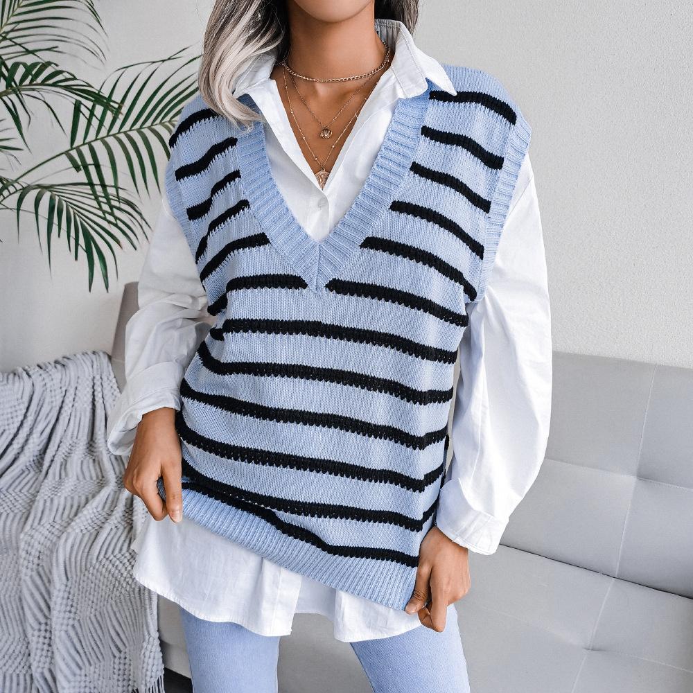 Women's Sweaters Deep V-neck Vintage Striped Pullover Casual Knitted Vest