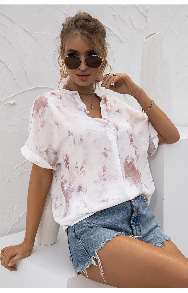 Women's T-shirt V-neck Tie-Dye Print Short Sleeves Casual Chiffon Tops