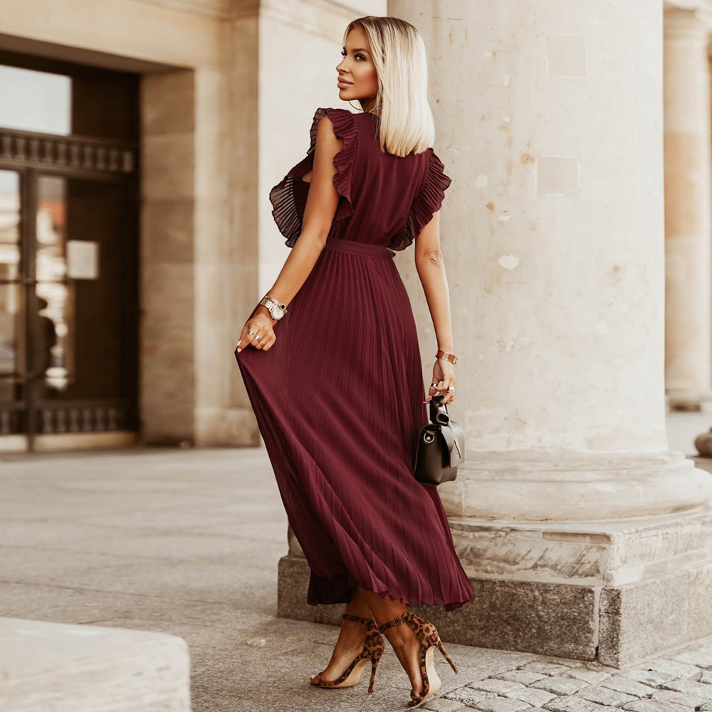 Women's Swing Dress V-Neck Ruffle Sleeve Pleated Solid Color Maxi Dress