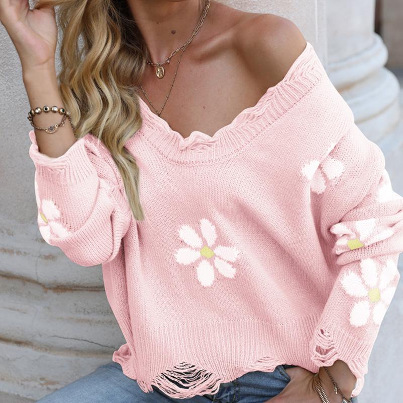 Women's Sweater Ripped Long Sleeve Flower Print V-Neck Loose Pullover Sweater