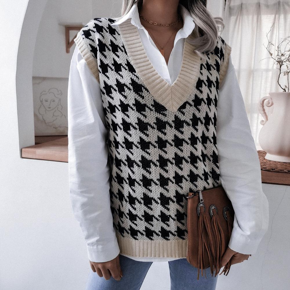 Women's Sweater Vest V-neck Houndstooth Casual Loose Pullover Knit Tops