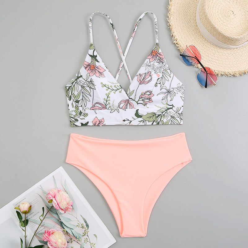 Women's Two Piece Set Swimwear Floral Printed Suspenders Bikini Swimsuit