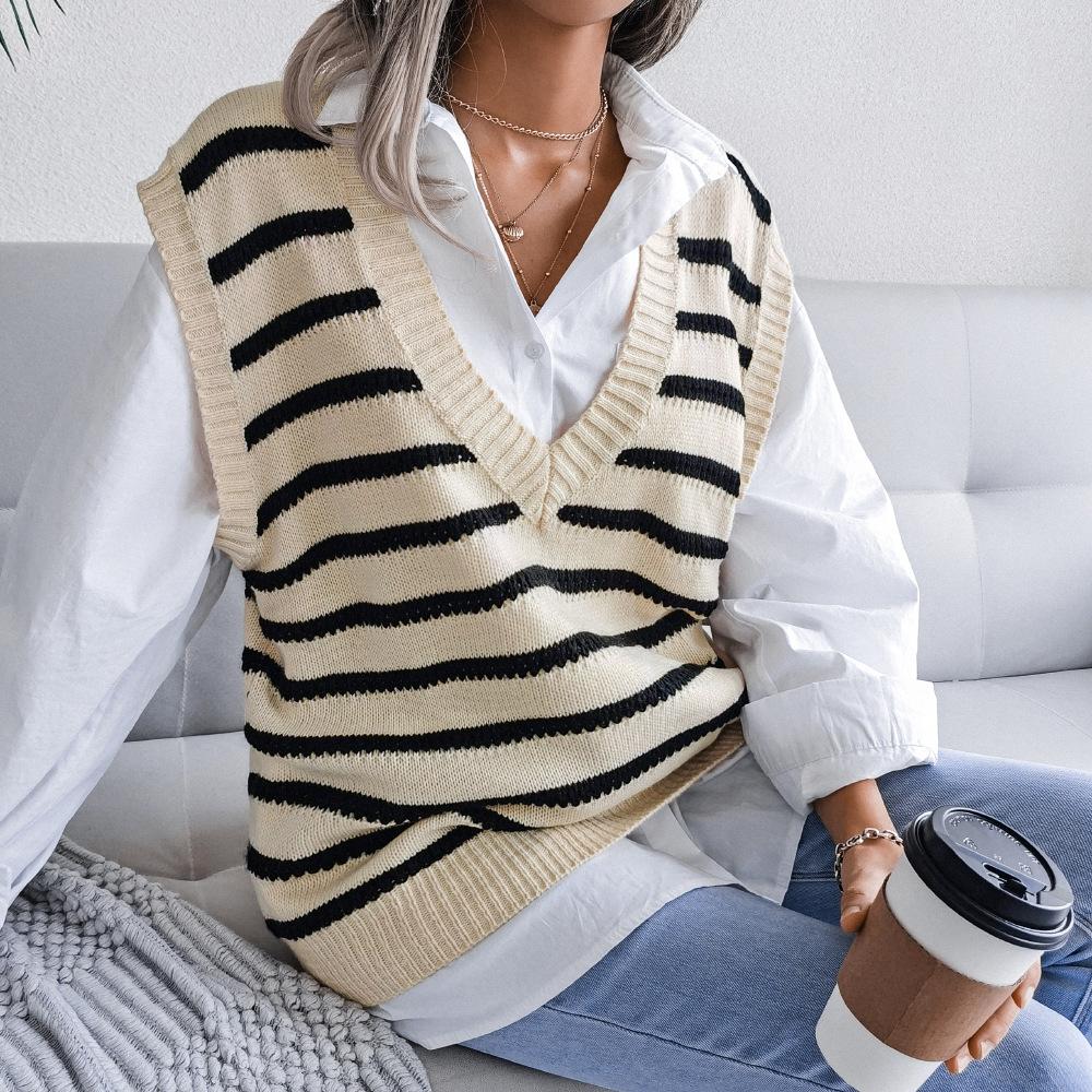 Women's Sweaters Deep V-neck Vintage Striped Pullover Casual Knitted Vest