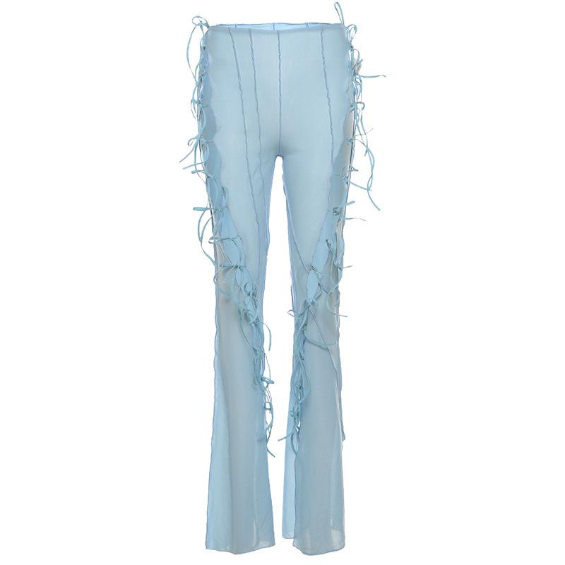 Y2k Fashion Pants Hollow Out Mesh Lace Up Flared Pants