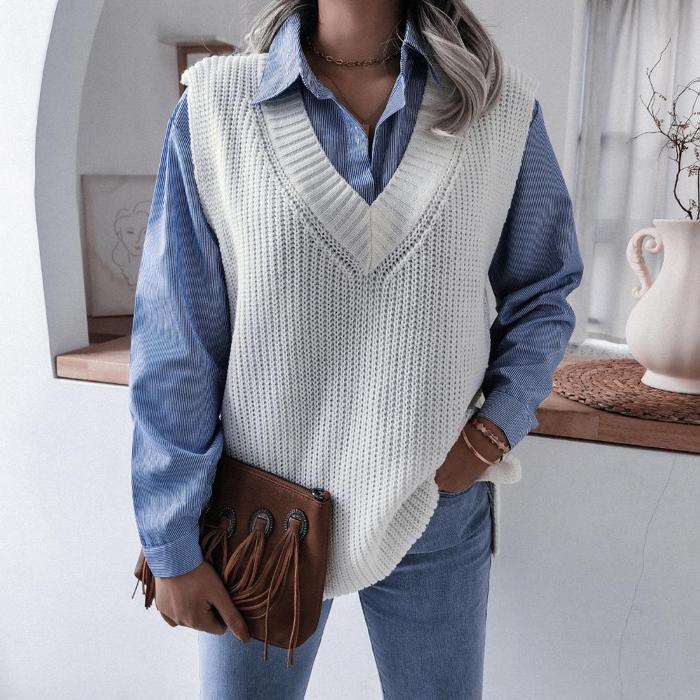 Women's Vests Oversized V-neck Pullover Sleeveless Casual Knit Sweater Vests