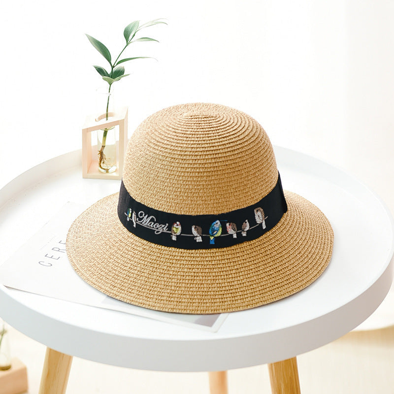 Women's Sun Hat Embroidered Pattern UV Protection Dome Straw Hat