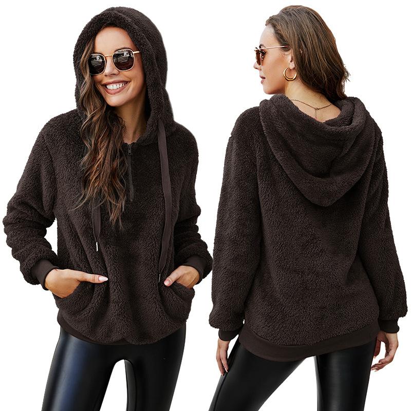 Women's Wool Coat Solid Color Zipper Pockets Hooded Teddy Bear Coat