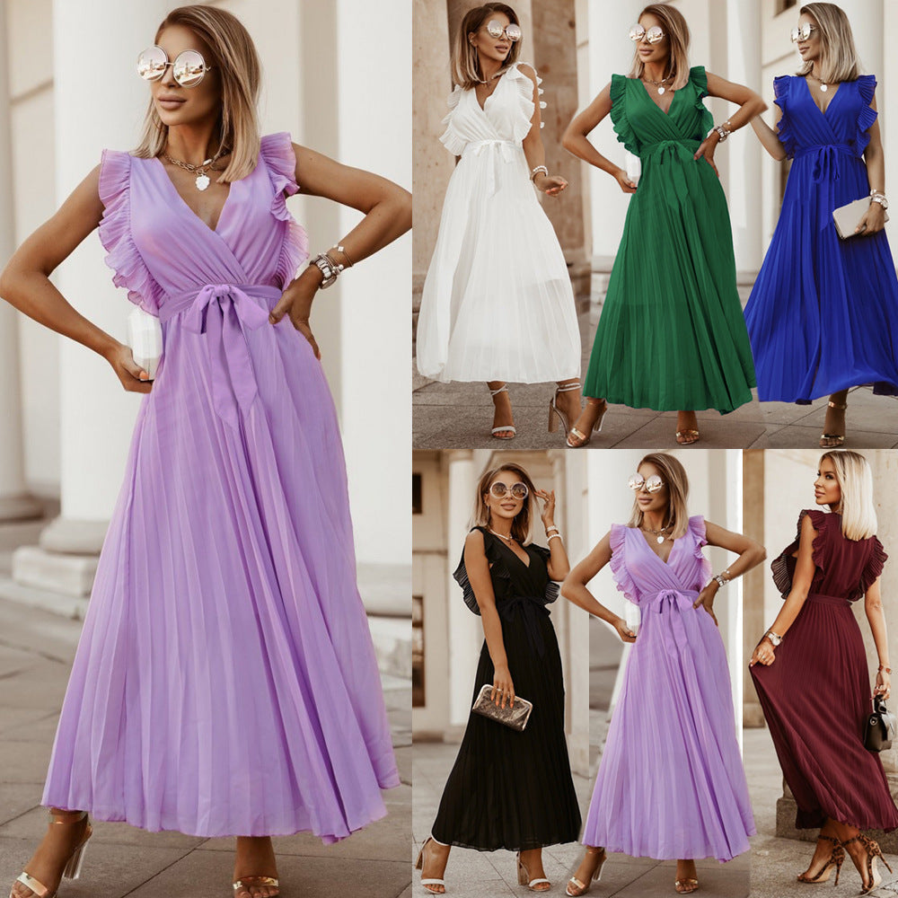 Women's Swing Dress V-Neck Ruffle Sleeve Pleated Solid Color Maxi Dress