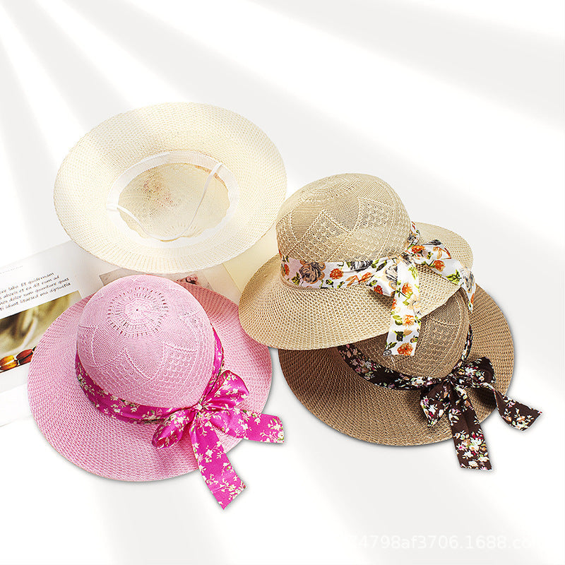 Women's Straw Hat Lace Flower Ribbon Large Brim UV Protection Sun Hat