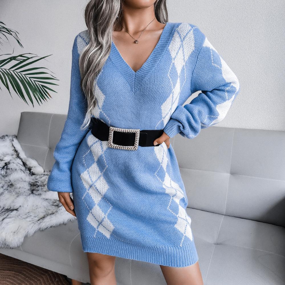 Women's Sweater Dress Plaid V-neck Knitted Long Sleeve Bodycon Dresses