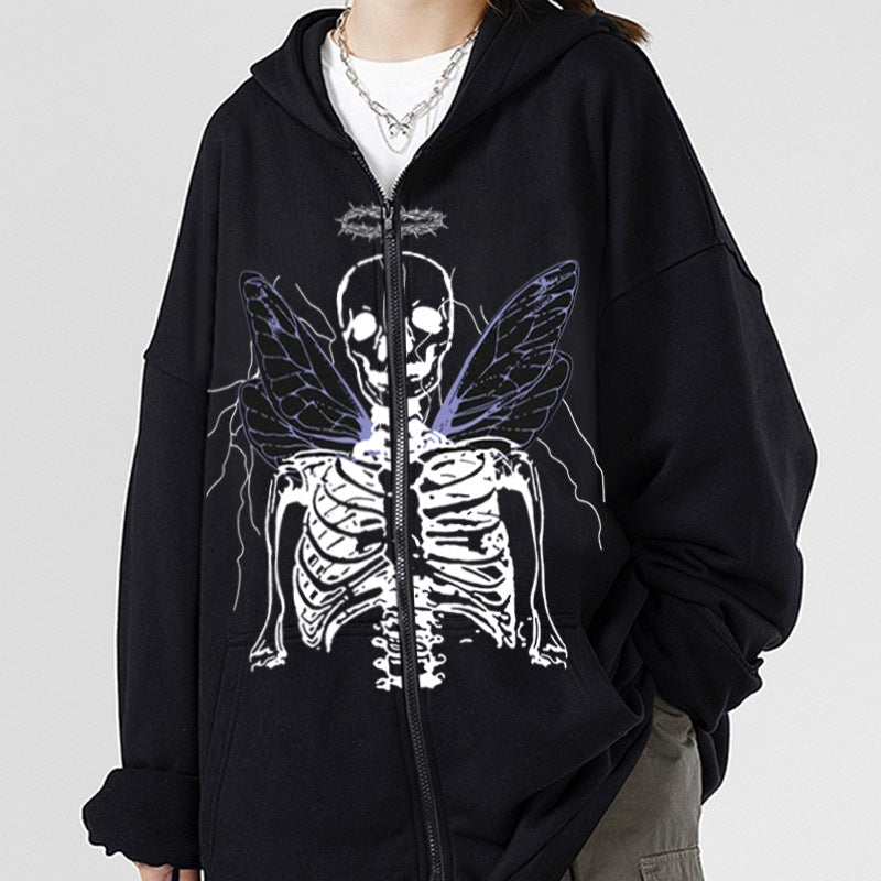 Women's Sweatshirts Y2K Zipper Skull Butterfly Print Fleece Plus Size Hoodies