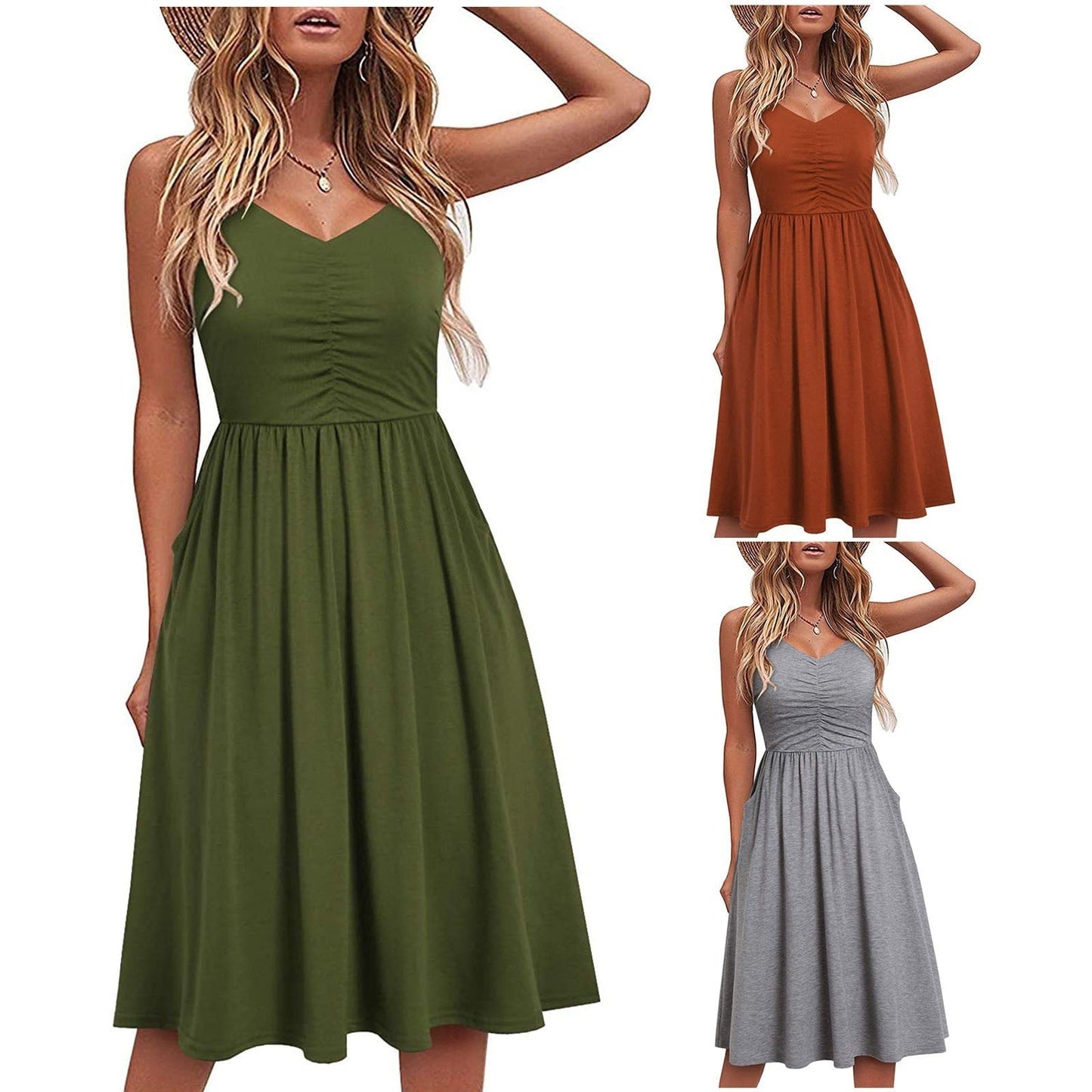 Women's Spaghetti Strap Dress Floral Pleated Tie Waist Backless Swing Dresses