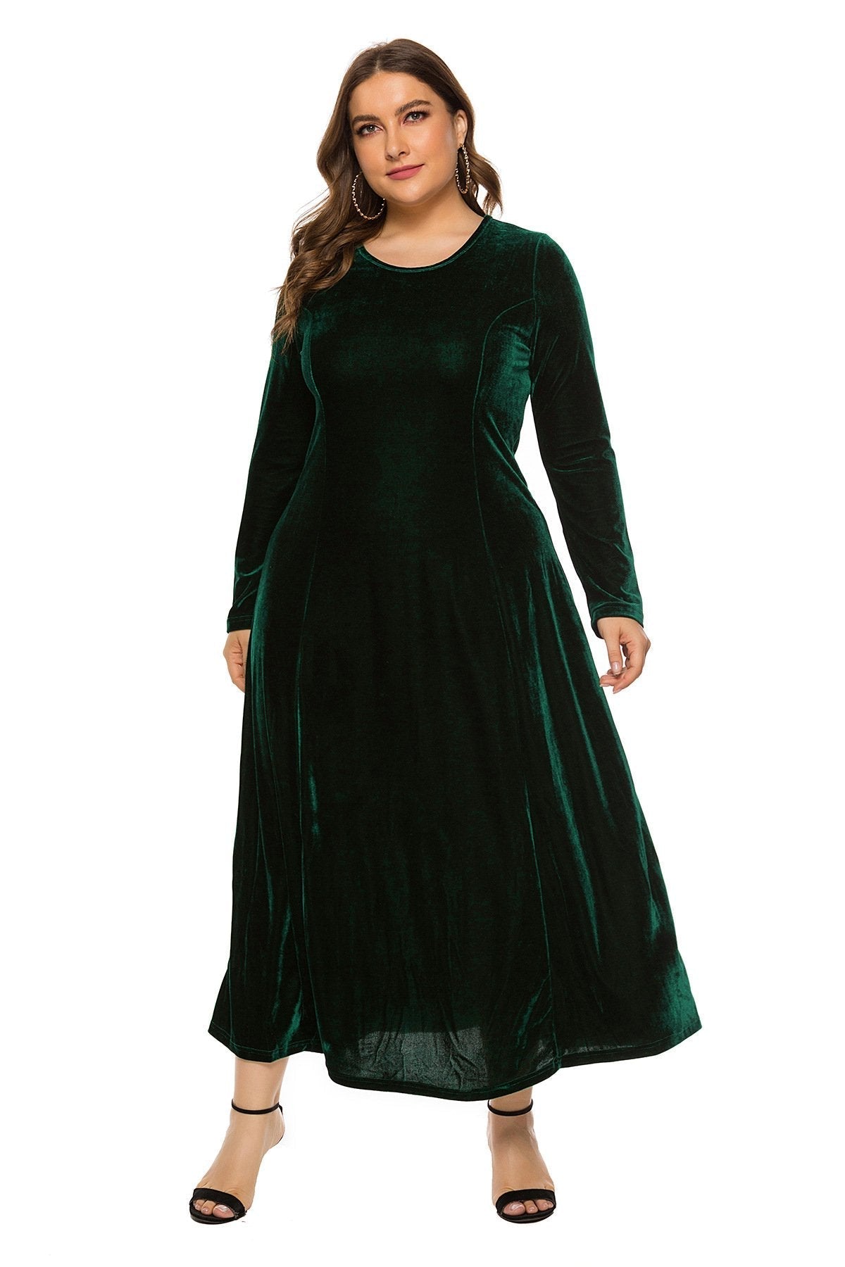 Women's Velvet Dress Round Neck Long Sleeve A-line Plus Size Dress