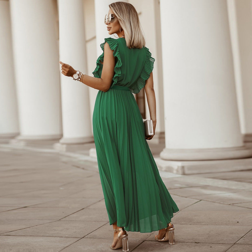 Women's Swing Dress V-Neck Ruffle Sleeve Pleated Solid Color Maxi Dress