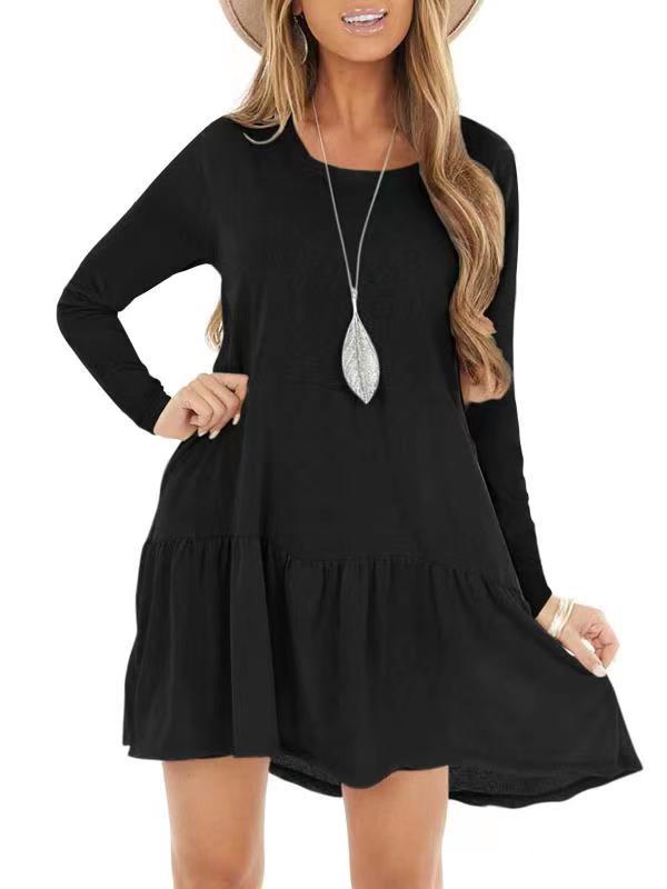 Women's Swing Dress With Pocket Long Sleeve O-Neck Irregular Hem Casual Dress