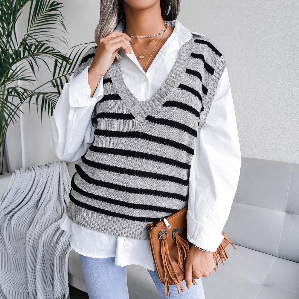 Women's Sweaters Deep V-neck Vintage Striped Pullover Casual Knitted Vest