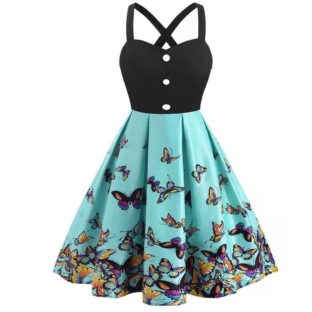 Women's Vintage Dress Sunflower Butterfly Backless Criss Cross Button Swing Dresses