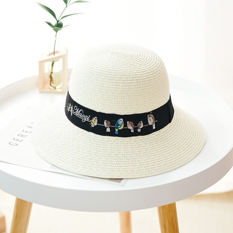 Women's Sun Hat Embroidered Pattern UV Protection Dome Straw Hat