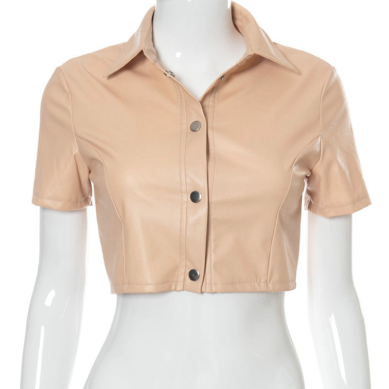 Y2k Fashion Pu Crop Tops Lapel Collar Button Solid Color Sexy Tops