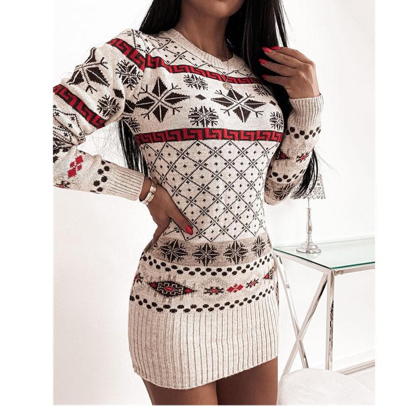 Women's Sweater Dresses Christmas Printed Long Sleeve Bodycon Knitted Sweater