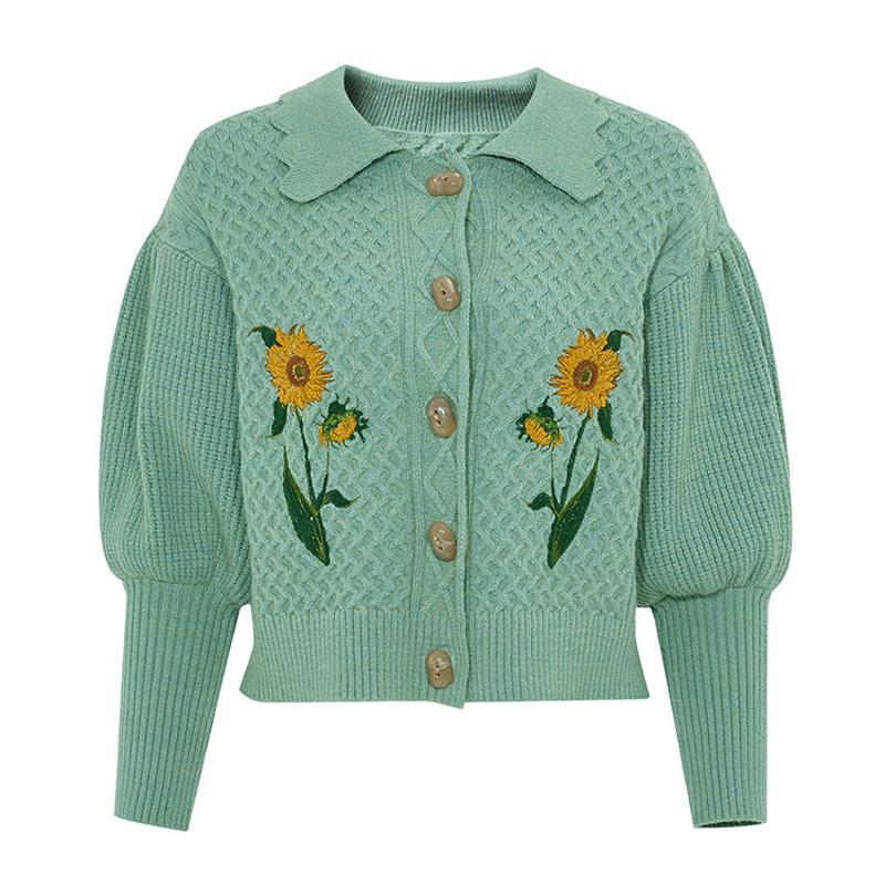 Women's Sweaters Vintage Lapel Sunflower Embroidery Puff Sleeve Knitted Sweater Cardigans