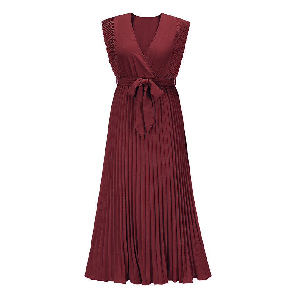 Women's Swing Dress V-Neck Ruffle Sleeve Pleated Solid Color Maxi Dress