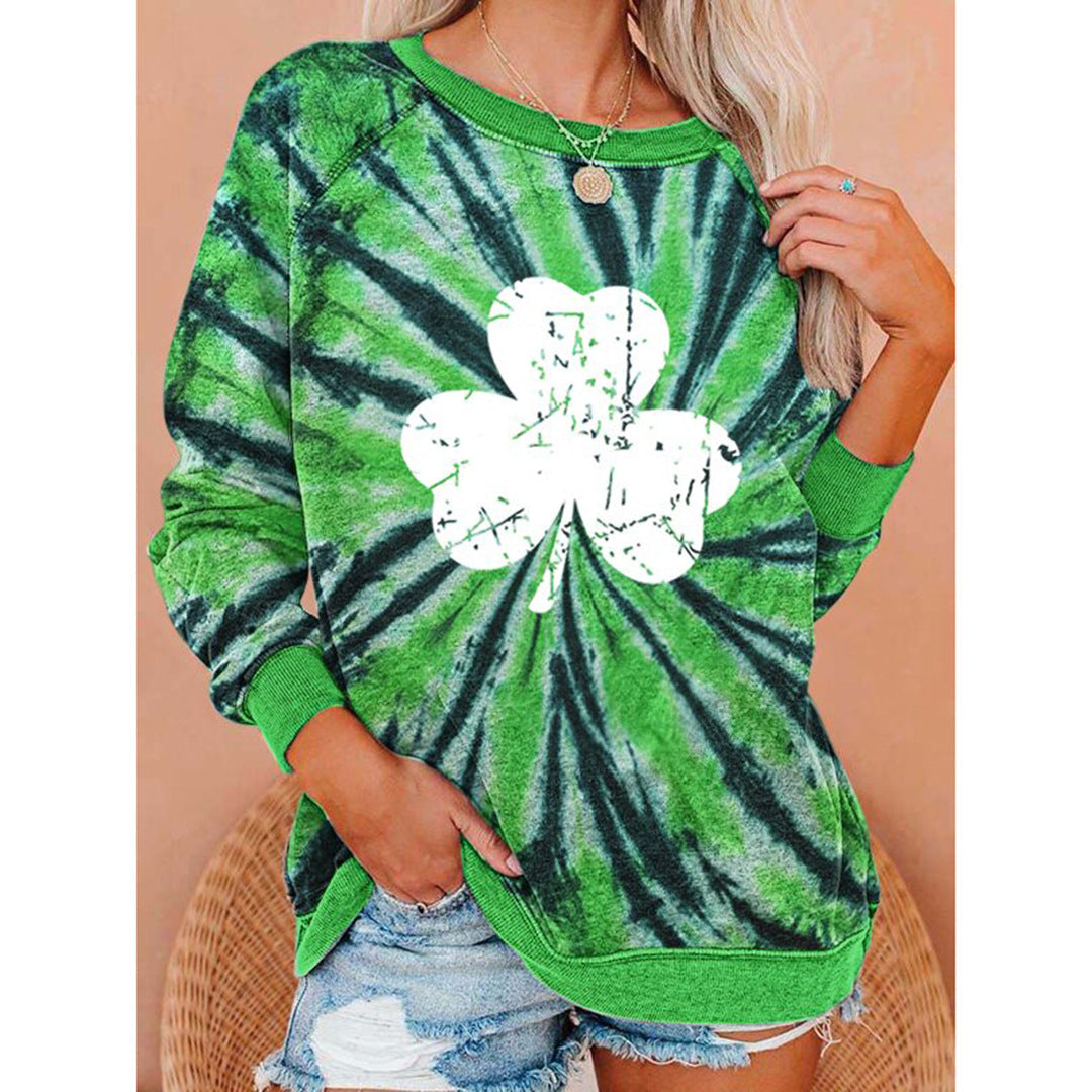 Women's Sweatshirts Love Four-leaf Clover Print Round Neck Pullover Tops