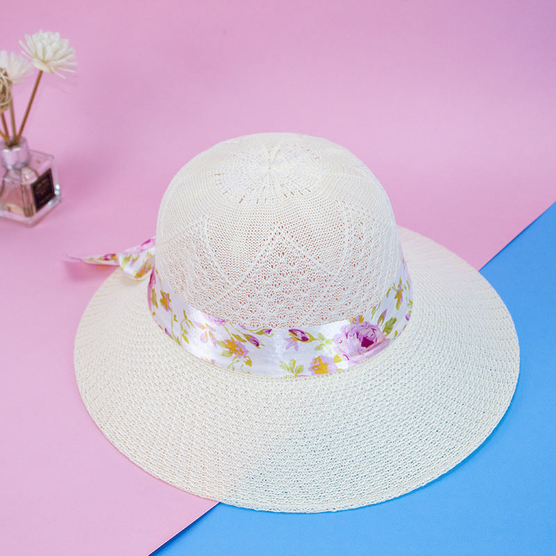 Women's Straw Hat Lace Flower Ribbon Large Brim UV Protection Sun Hat