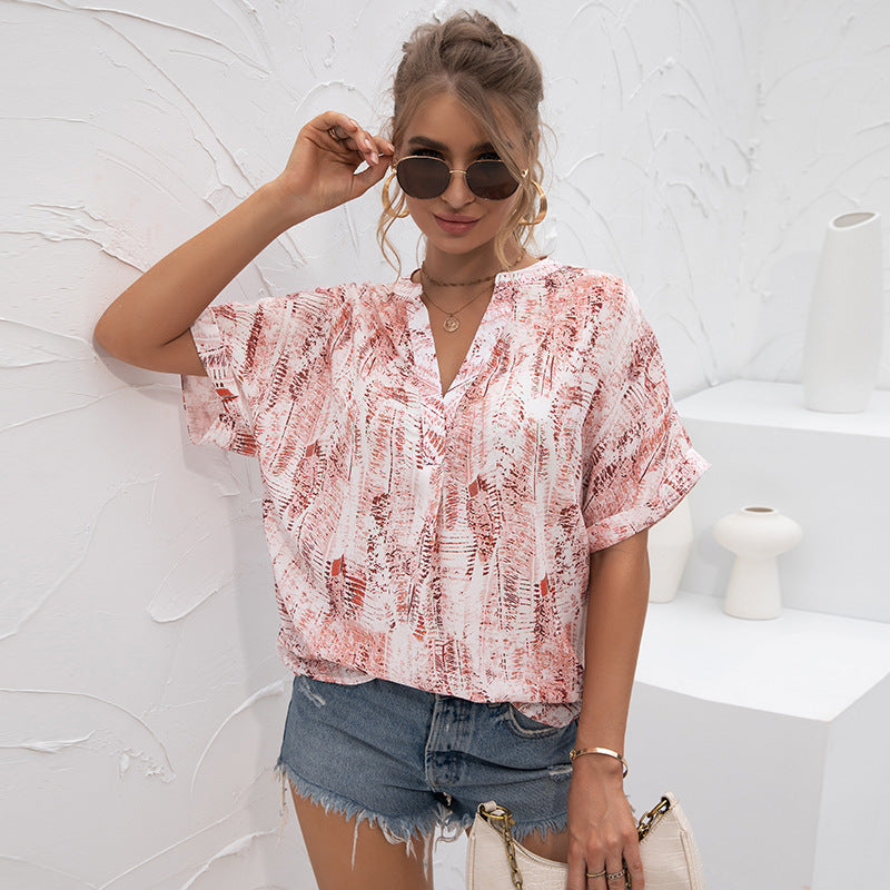 Women's T-shirt V-neck Tie-Dye Print Short Sleeves Casual Chiffon Tops