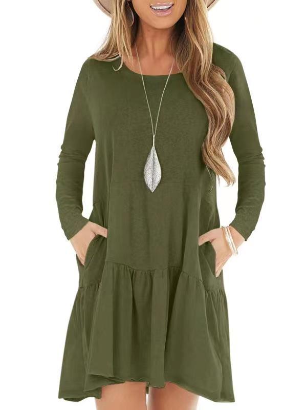 Women's Swing Dress With Pocket Long Sleeve O-Neck Irregular Hem Casual Dress