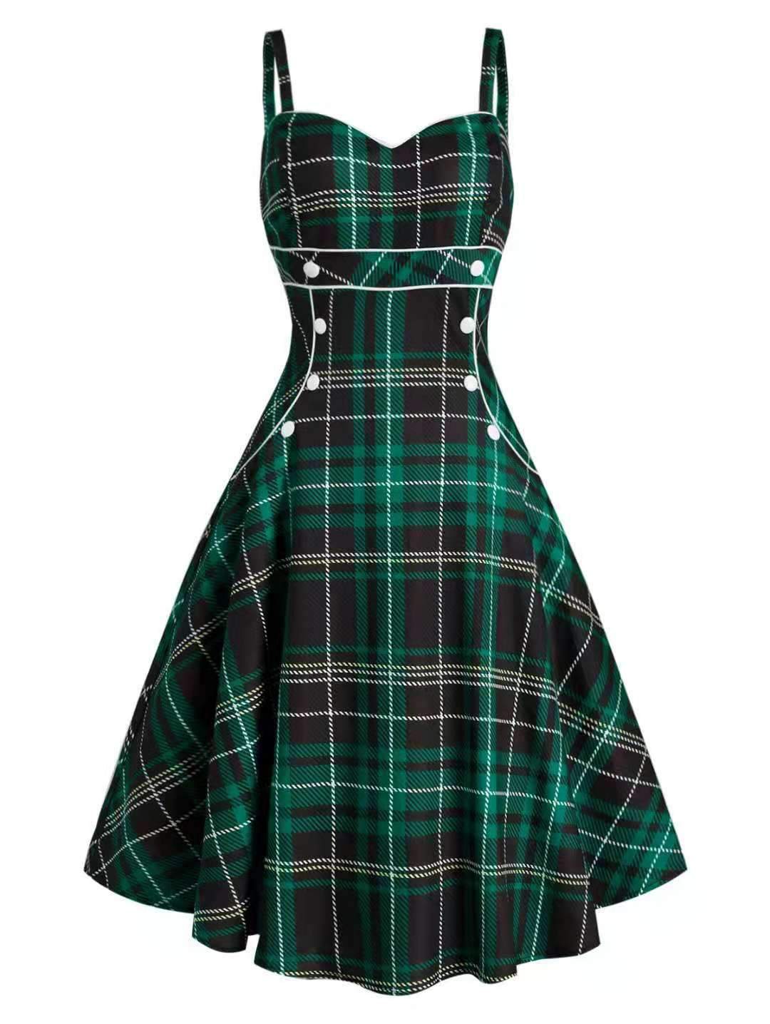 Women's Spaghetti Strap Dress Plaid Button Side Vintage Swing Dresses